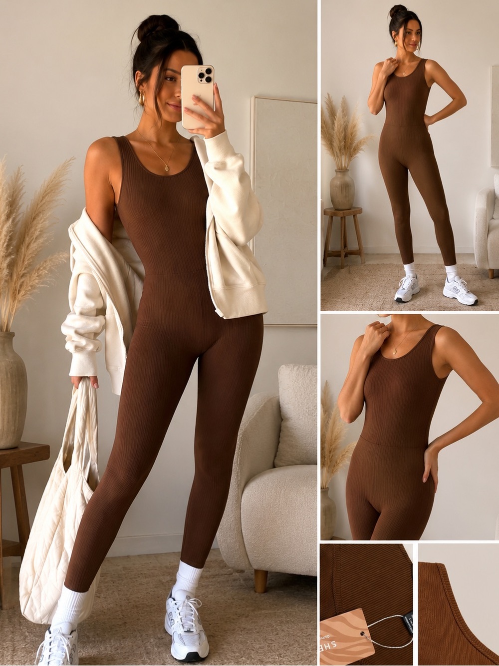 SHEIN Ribbed Seamless Sculpting Jumpsuit Brown One Piece Bodysuit Large NWT